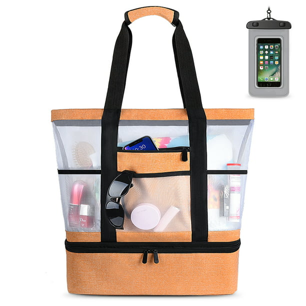 Insulated Cooler & Waterproof Cell Case Box MP Zipper Top Mesh Beach Tote Bag
